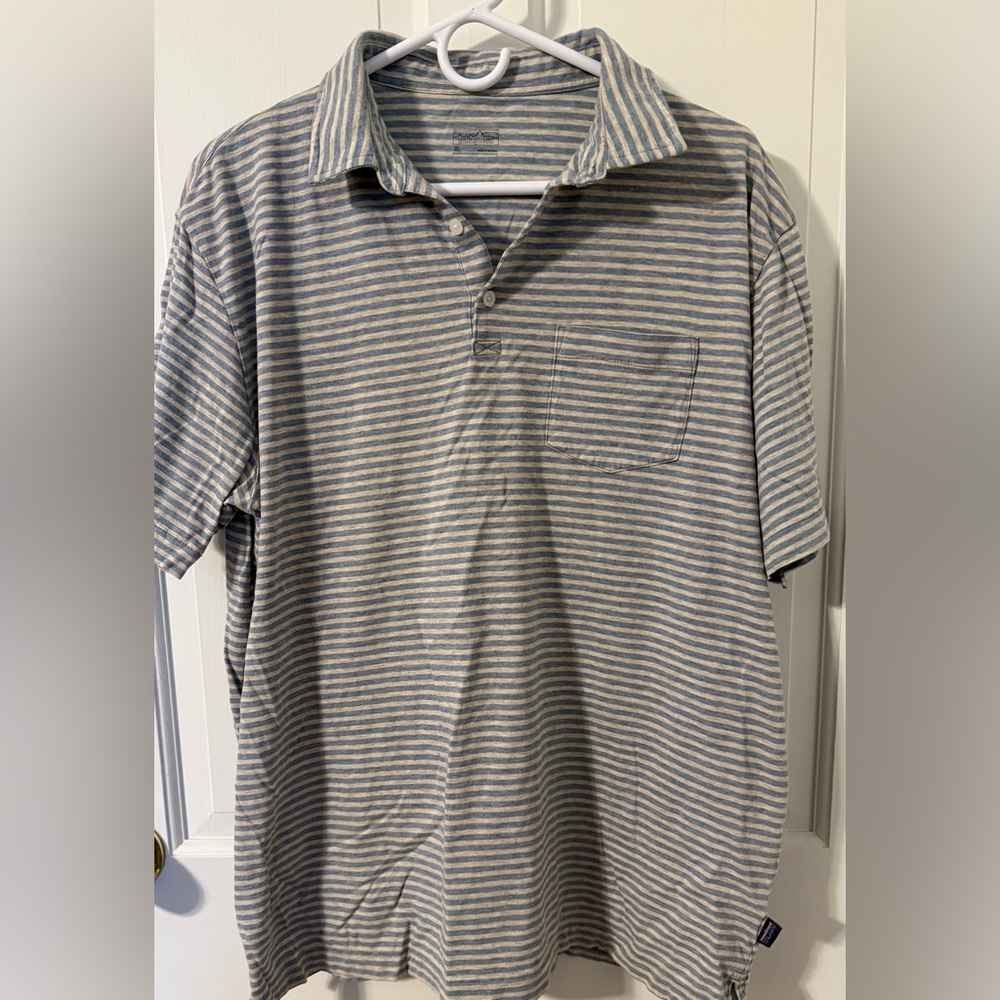 Patagonia Blue and Gray Striped Polo Shirt